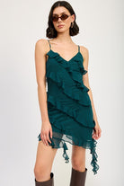 Close-up front view of emerald green sleeveless ruffle mini dress with a flirty hem-AVAH