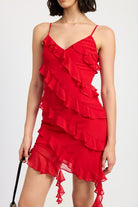 Close-up of vibrant red mini dress with bold ruffle detailing and playful hem