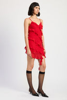 Side view of red ruffle mini dress 
