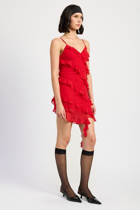 Side view of red ruffle mini dress 