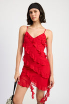 Close-up of vibrant red mini dress with bold ruffle detailing and playful hem-AVAH