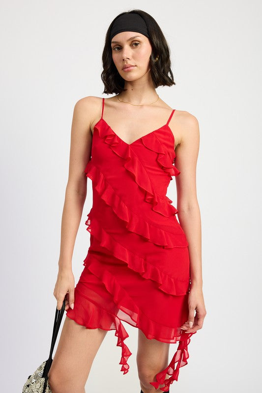 Close-up of vibrant red mini dress with bold ruffle detailing and playful hem-AVAH
