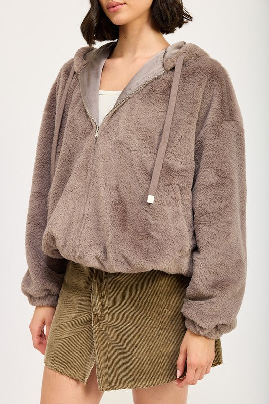 AVAH-Cozy Up In Style Fuzzy Sweater Jacket-Hooded-Gray