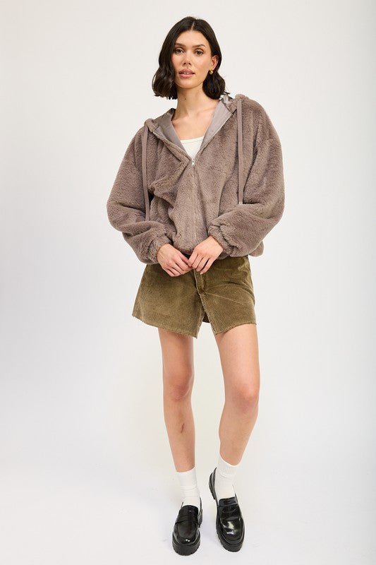 AVAH-Cozy Up In Style Fuzzy Sweater Jacket-Hooded-Gray