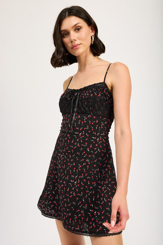 AVAH-Scarlet Petals Black and Red Floral Slip Mini Dress