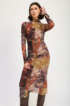 AVAH-Abstract Patchwork Mock Neck Mesh Midi Dress-Brown