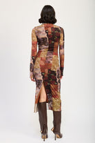 AVAH-Abstract Patchwork Mock Neck Mesh Midi Dress-Brown