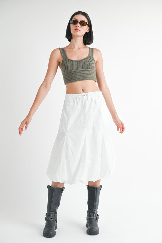 Off white bubble midi skirt styled with crop top, front view
