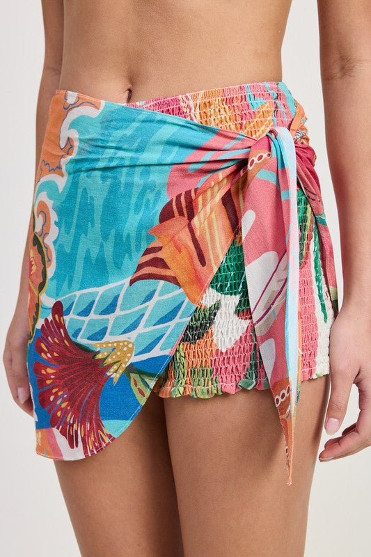 AVAH-Tropical Delight Wrap Shorts-Orange and Teal Tropical Print