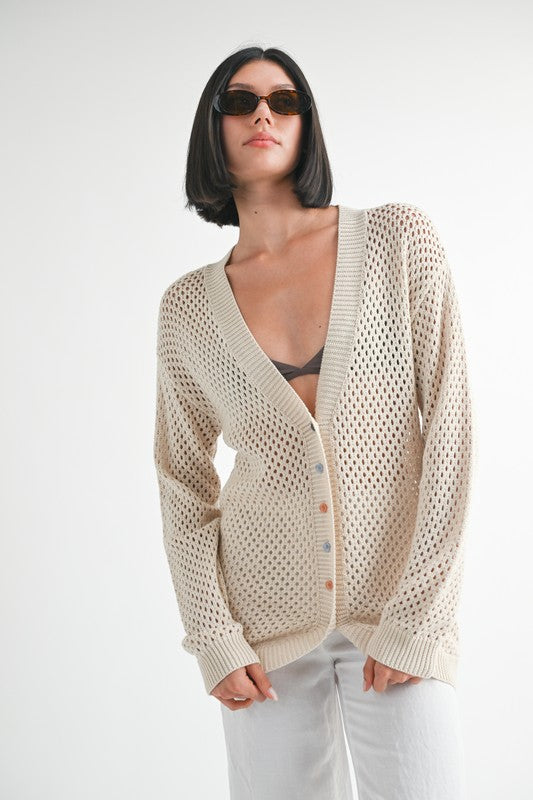 AVAH-Casual Chic Open Knit Cardigan-Natural