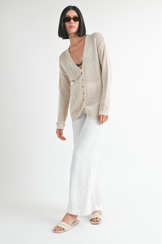 AVAH-Casual Chic Open Knit Cardigan-Natural