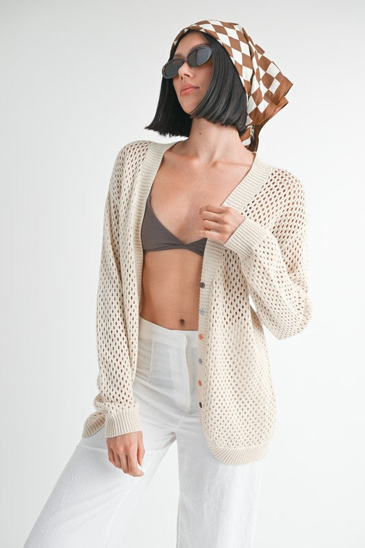 AVAH-Casual Chic Open Knit Cardigan-Natural