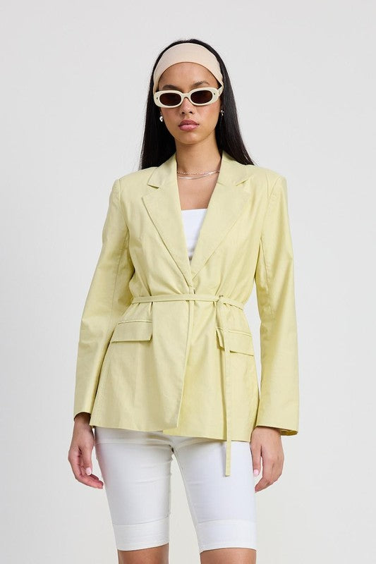 Front view of sage green belted blazer with long sleeves and notched lapel-AVAH
