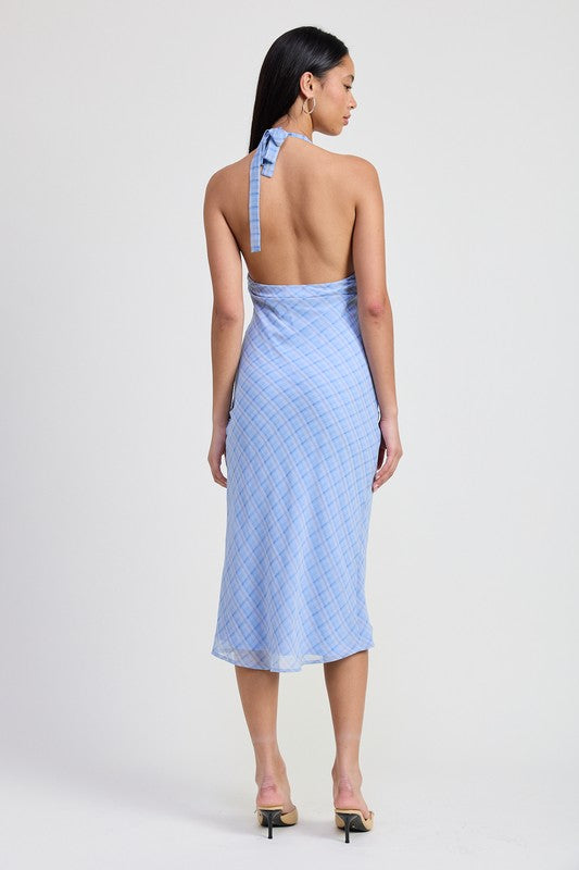 AVAH-Periwinkle Plaid Halter Neck Midi Dress