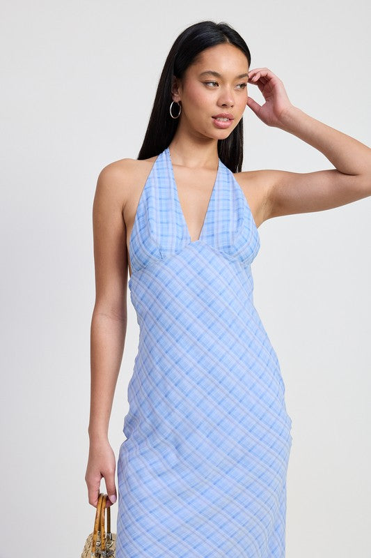 AVAH-Periwinkle Plaid Halter Neck Midi Dress