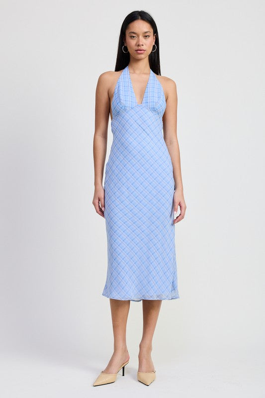 AVAH-Periwinkle Plaid Halter Neck Midi Dress