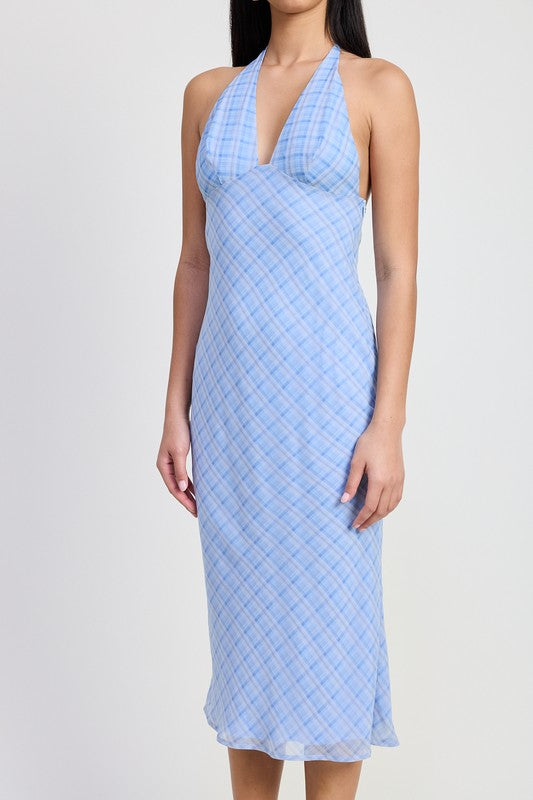 AVAH-Periwinkle Plaid Halter Neck Midi Dress