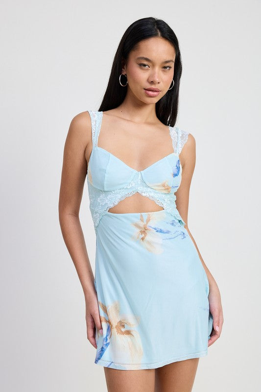 MINI LACE CONTRAST DRESS BABY BLUE FLORAL / M MINI LACE CONTRAST DRESS BABY BLUE FLORAL / M