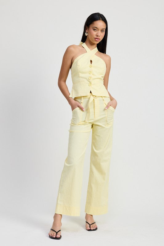 AVAH-Light and Airy Pale Yellow Halter Neck Top