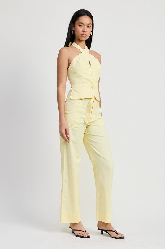 AVAH-Light and Airy Pale Yellow Halter Neck Top