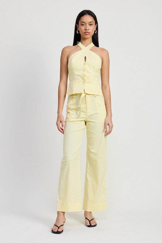 AVAH-Light and Airy Pale Yellow Halter Neck Top