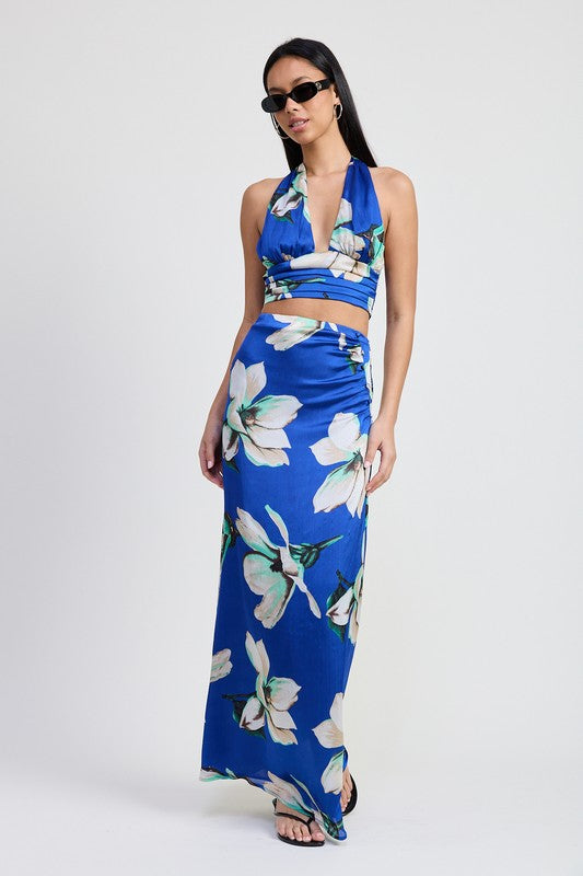 Front view of cobalt blue floral maxi skirt with ruched side detail
