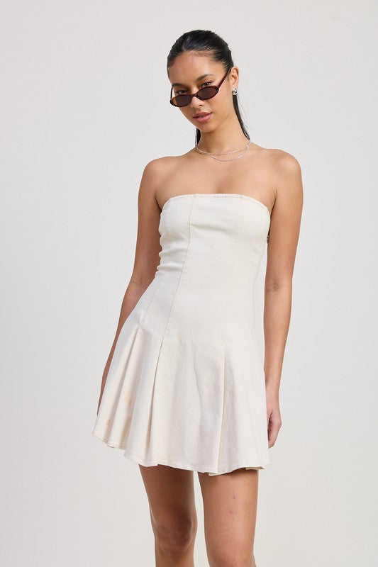 Model wearing ivory strapless mini dress with flared hem, front view-AVAH