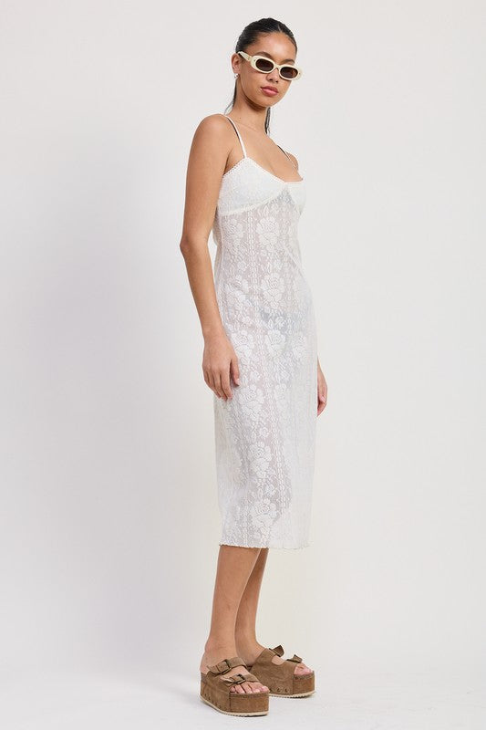 Profile shot of model in lace beach cover-up with romantic neckline-AVAH