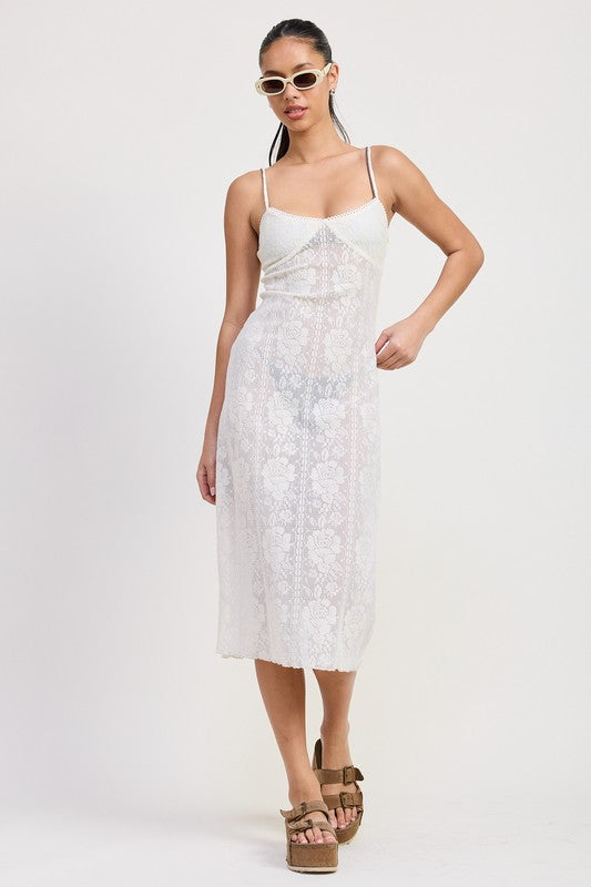 Model in white sheer lace midi cover-up dress over bikini with platform sandals-AVAH