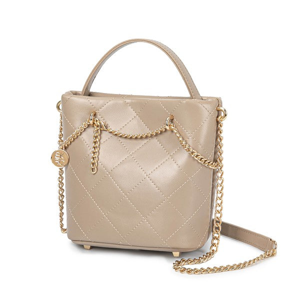 Taupe quilted faux leather mini bag with chain strap and rounded top handle
