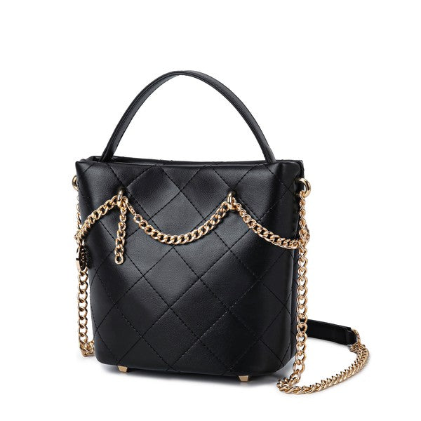 Black quilted mini bucket bag with gold chain strap and top handle
