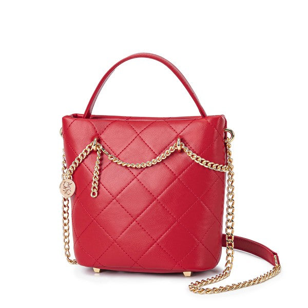 Vibrant red mini bucket bag with quilted finish and polished gold hardware
