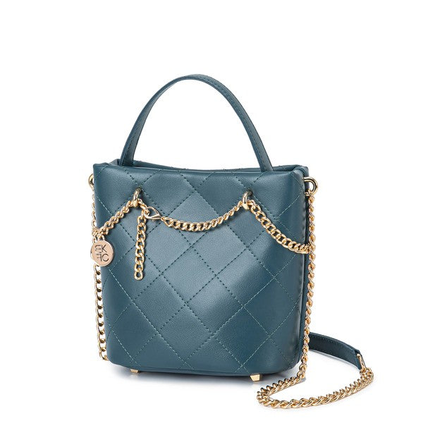 Rich teal quilted handbag with gold chain strap and square bottom design
