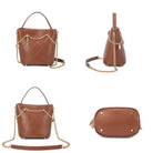 Detail collage of brown quilted bucket bag with hardware and charm accents
