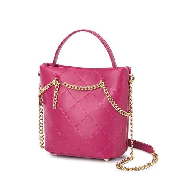Bright fuchsia pink quilted mini handbag with gold-tone chain and charm
