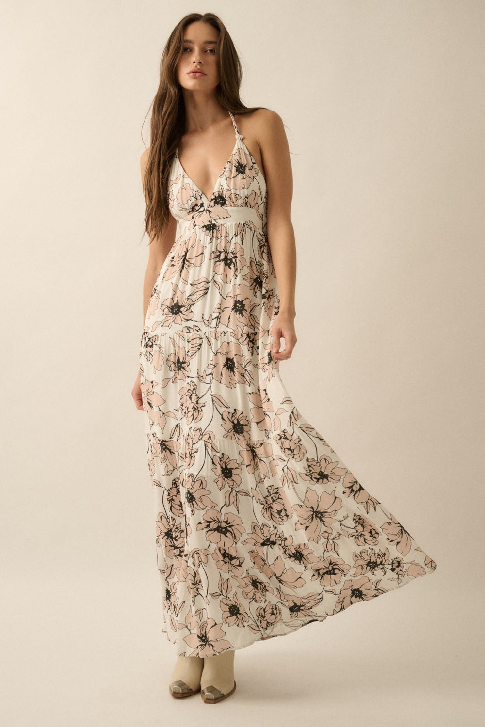 AVAH-Valentina Bloom Halter Neck Dress-Off White