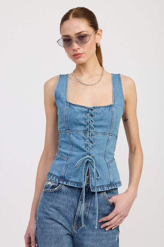 Front view of model wearing lace-up denim corset top with square neckline and wide straps-AVAH
