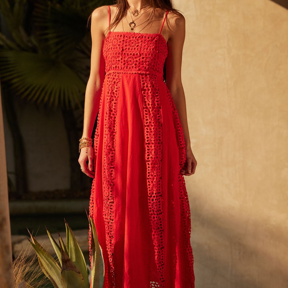 crochet panel cami flare dress The Nightspell Grateful Threads Boutique Inspired by the serene beauty of ocean blooms and coral reefs Crochet Panel Cami Flare Dress