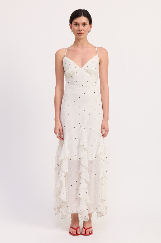 AVAH-Front view of white polka dot maxi dress with tiered ruffle hem