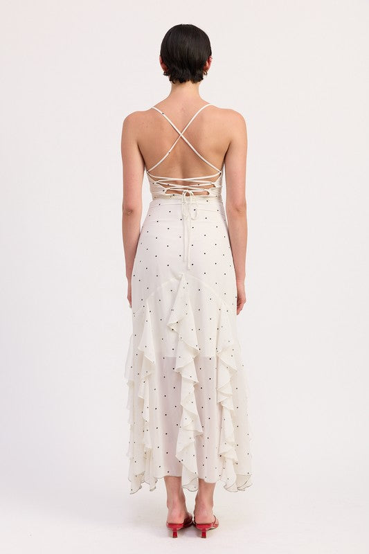 Back view of ivory dress with crisscross tie-back and ruffles