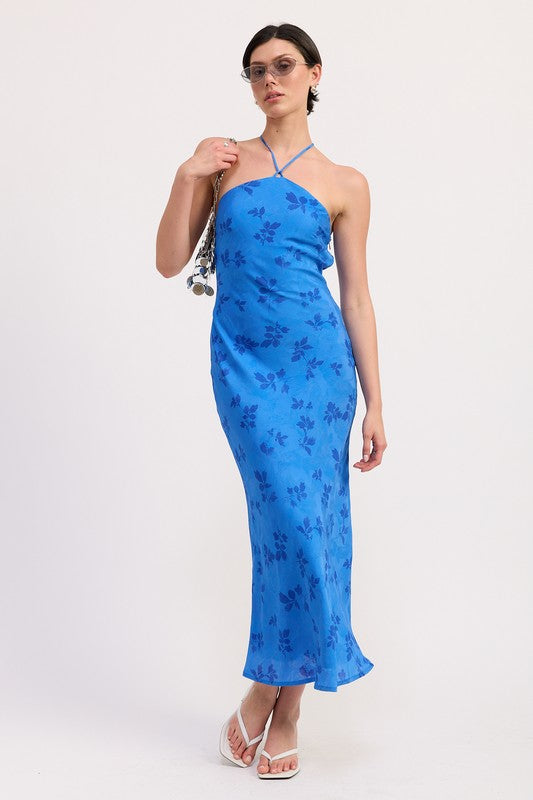 Blue floral halter midi dress with sleek silhouette and strappy neckline front view