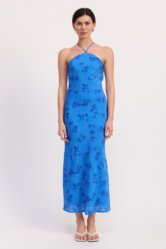 Full length blue floral midi dress with halter neckline and flowing hem