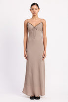 Full-length front view of printed lace-trim maxi dress