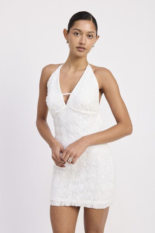Model in ivory lace halter mini dress with front keyhole and back ties-AVAH