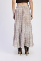 Back view of plaid maxi skirt showing flow and drape