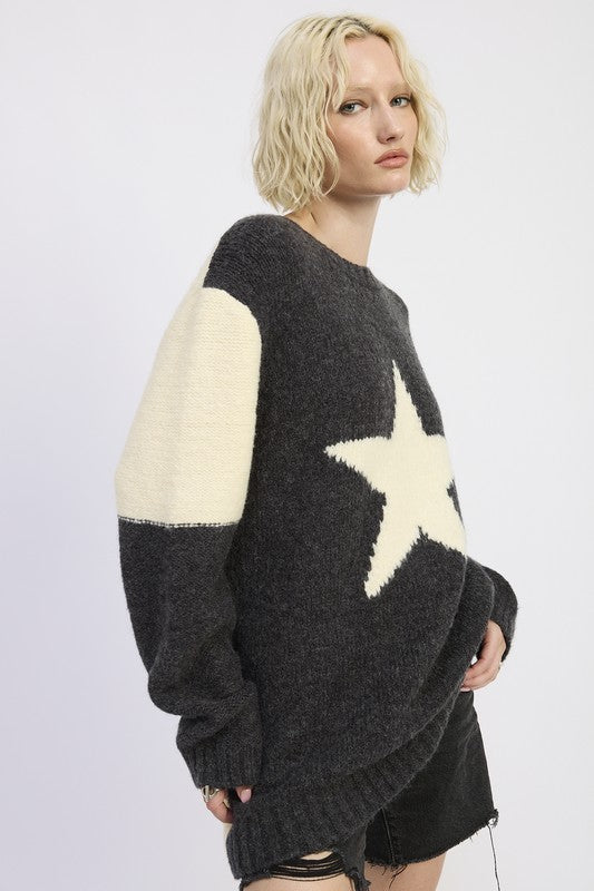 side view of charcoal and ivory star knit sweater
