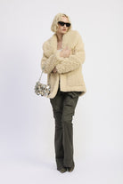 Front view of faux shearling teddy coat with oversized lapels and cozy texture-AVAH