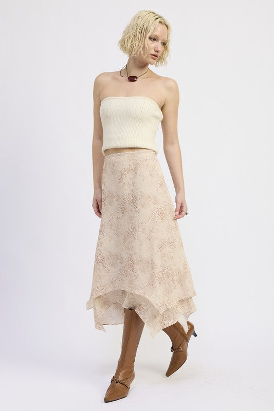 Side view of Wild Rose layered midi skirt with handkerchief hem and flowy layered design
