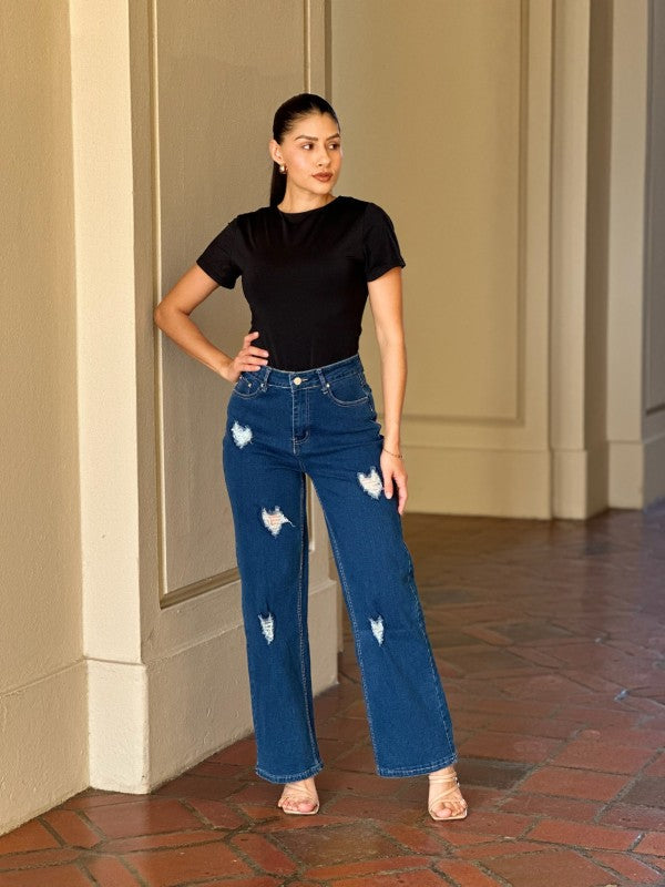 Front view of Sweetheart Distressed Wide-Leg Jeans with high rise and heart-shaped distressed details-AVAH
