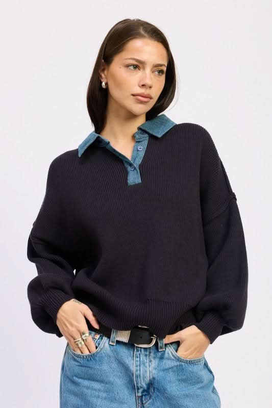 Ella Navy Oversized Collared Sweater